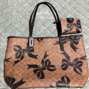 Coach Tan and Black Tote Bag with Bow Pattern